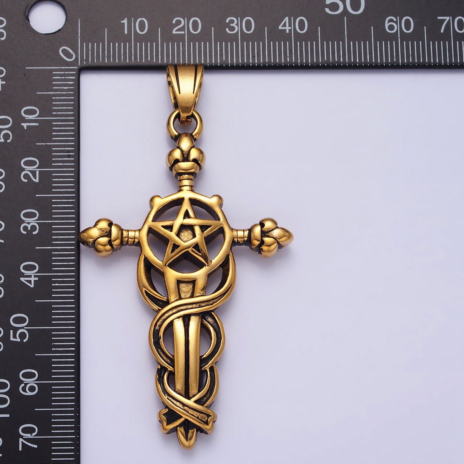 Stainless Steel Sword Charm Men Cross Pendant in Silver Gold Statement Christian Catholic Jewelry | P-1140