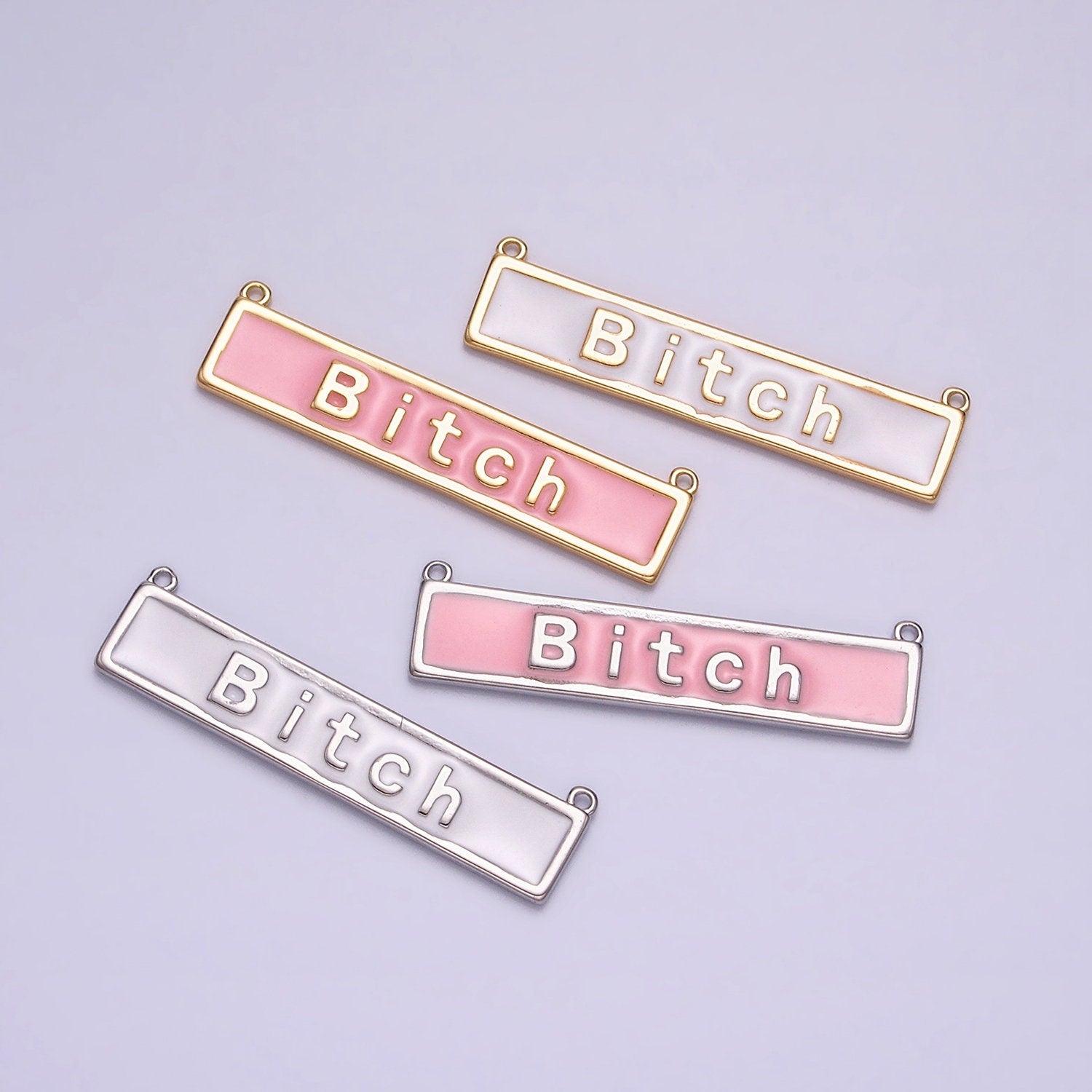Bitch Nameplate Necklace Charm Bitch Pendant Jewelry Funny Swear Word Curse Necklace Pendant in White Pink Enamel Y-832~Y-833