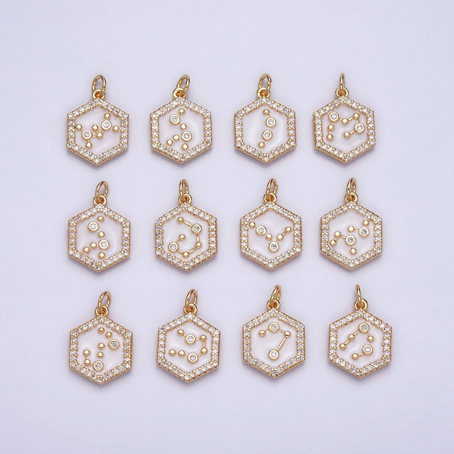 16k Gold Filled Hexagon White Enamel Star Constellation Charm Dainty Zodiac Charm With CZ Stone For Jewelry Making Craft Supplies