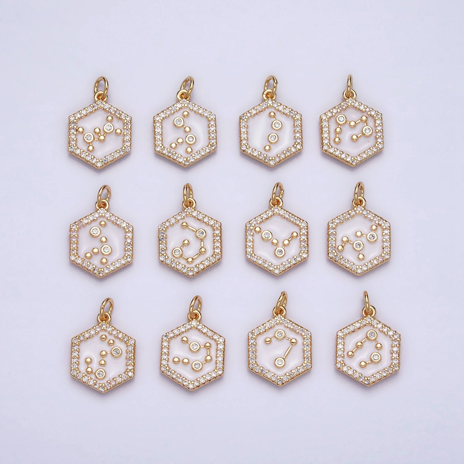 16k Gold Filled Hexagon White Enamel Star Constellation Charm Dainty Zodiac Charm With CZ Stone For Jewelry Making Craft Supplies
