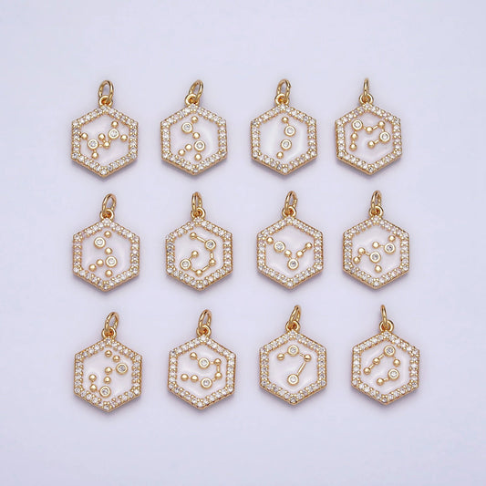 16k Gold Filled Hexagon White Enamel Star Constellation Charm Dainty Zodiac Charm With CZ Stone For Jewelry Making Craft Supplies