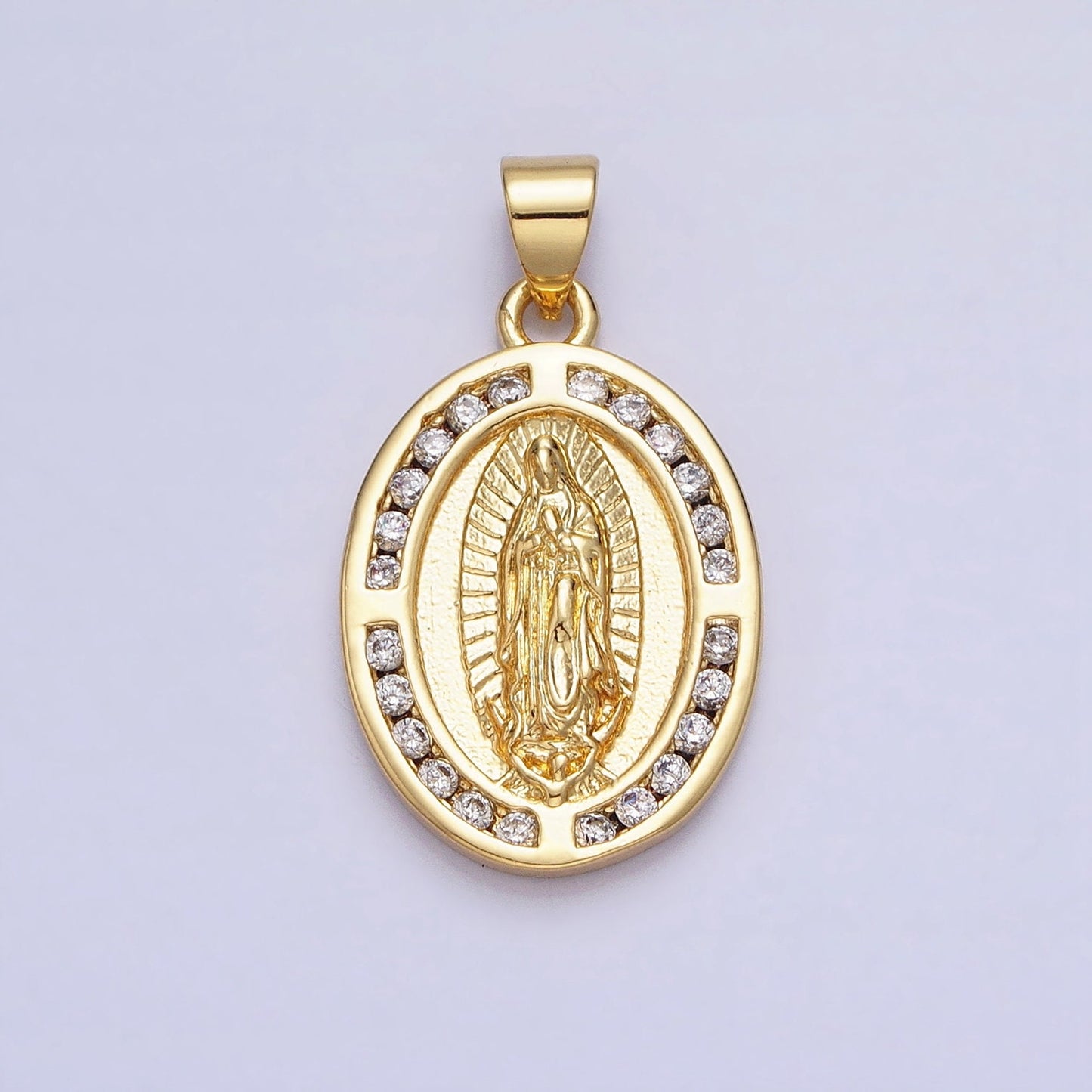 Micro Pave Gold Virgin Mother Mary Charm Oval Medallion Lady Guadalupe Religious Pendant | AA234