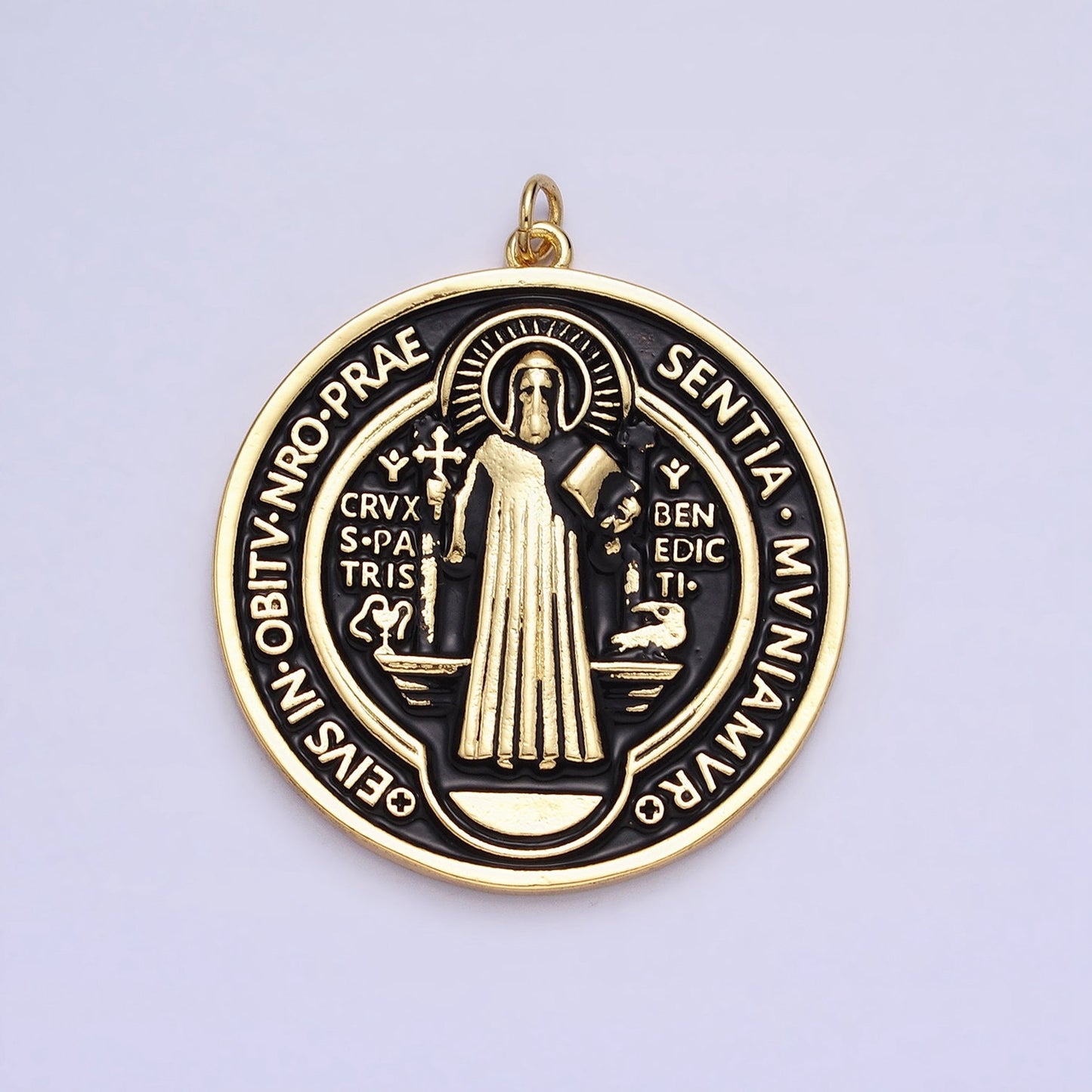 Double Sided Black White Enamel 24k Gold Filled Saint Benedict Charm Medallion Saint Jewelry Religious Pendant | AC464