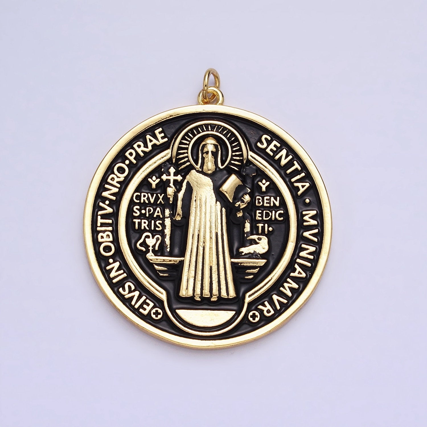 Double Sided Black White Enamel 24k Gold Filled Saint Benedict Charm Medallion Saint Jewelry Religious Pendant | AC464