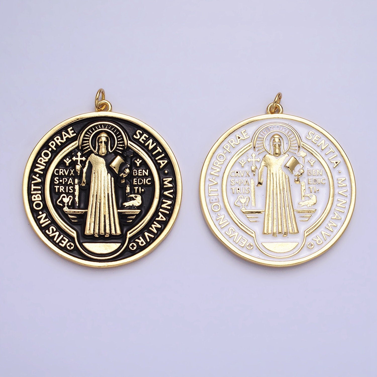 Double Sided Black White Enamel 24k Gold Filled Saint Benedict Charm Medallion Saint Jewelry Religious Pendant | AC464