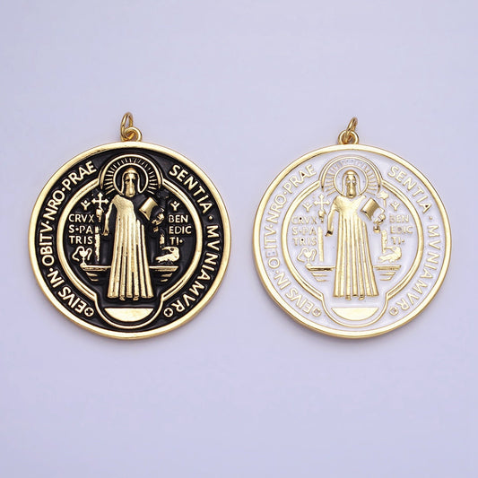 Double Sided Black White Enamel 24k Gold Filled Saint Benedict Charm Medallion Saint Jewelry Religious Pendant | AC464