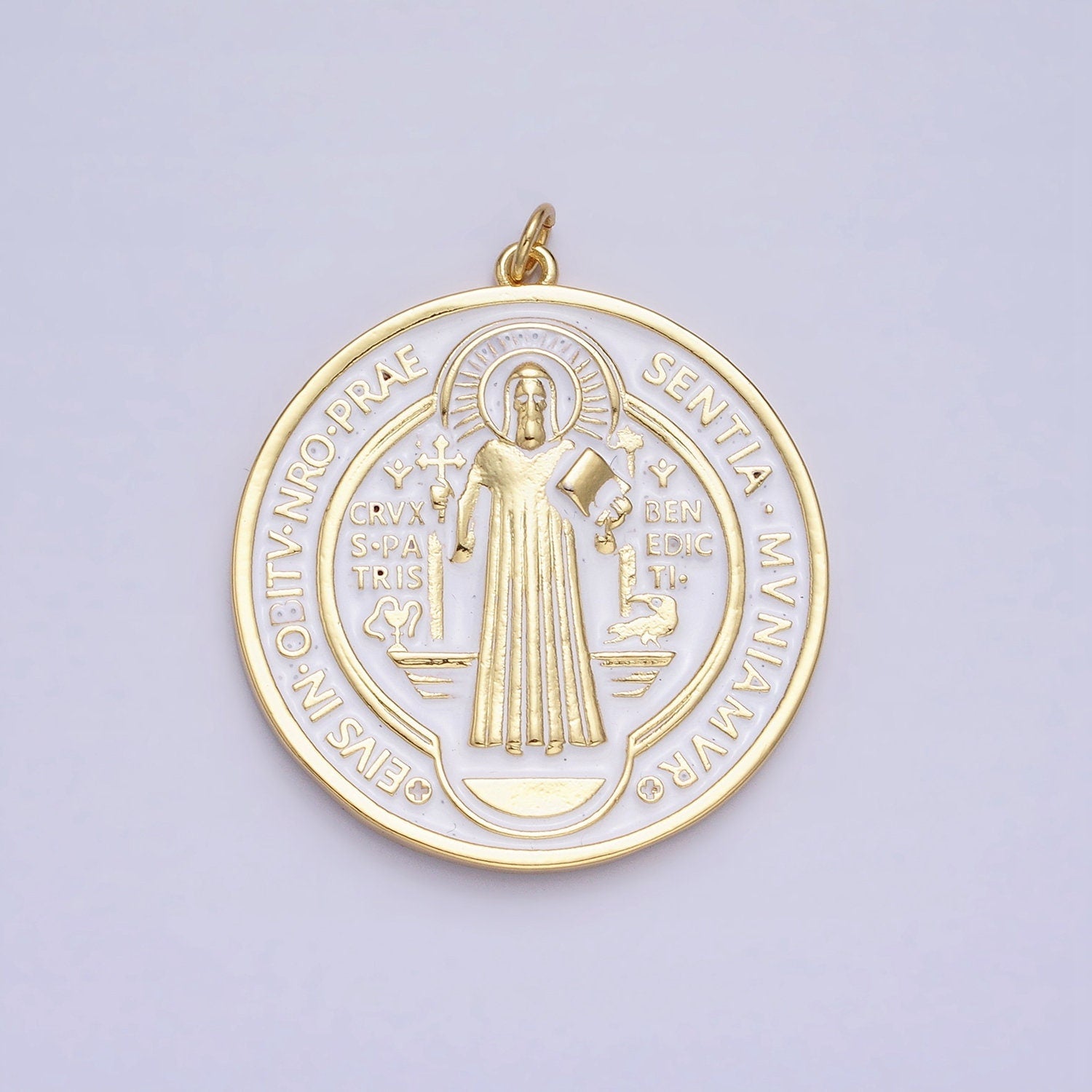 Double Sided Black White Enamel 24k Gold Filled Saint Benedict Charm Medallion Saint Jewelry Religious Pendant | AC464