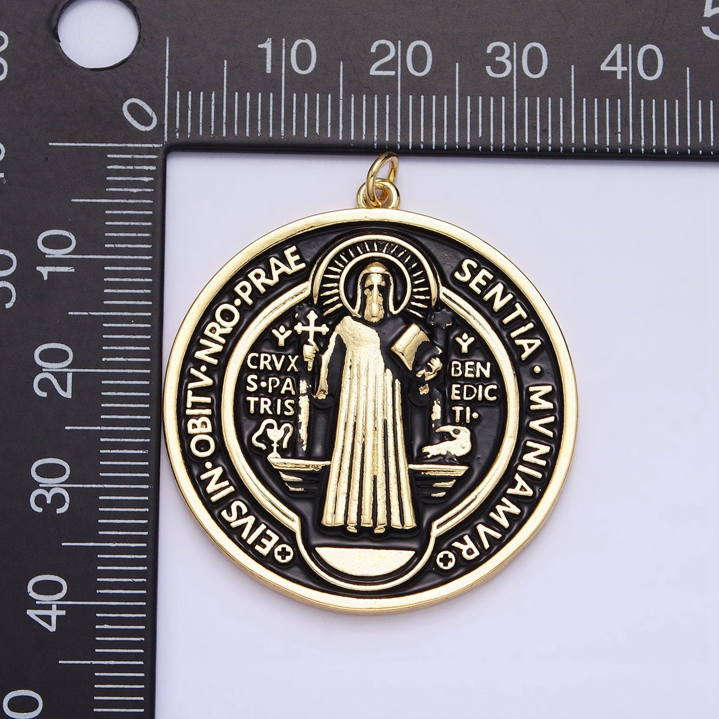 Double Sided Black White Enamel 24k Gold Filled Saint Benedict Charm Medallion Saint Jewelry Religious Pendant | AC464