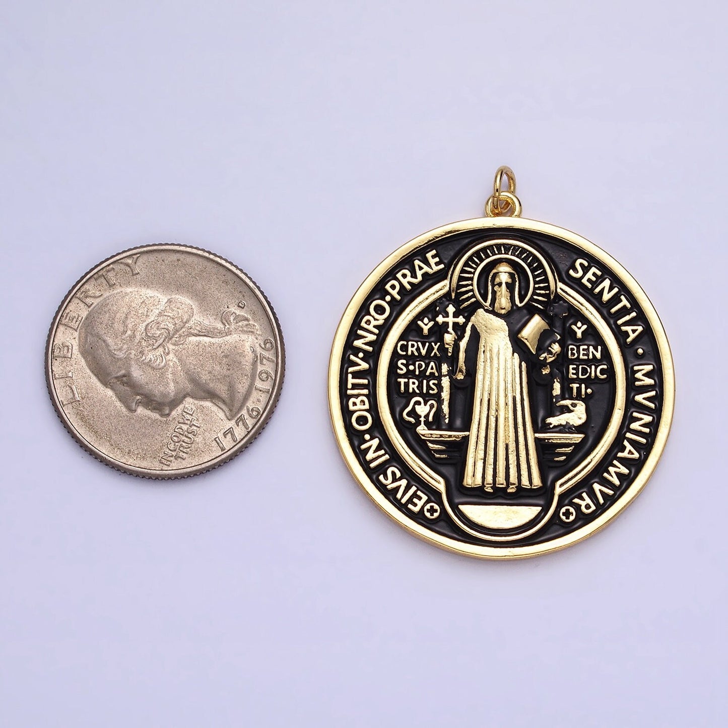 Double Sided Black White Enamel 24k Gold Filled Saint Benedict Charm Medallion Saint Jewelry Religious Pendant | AC464