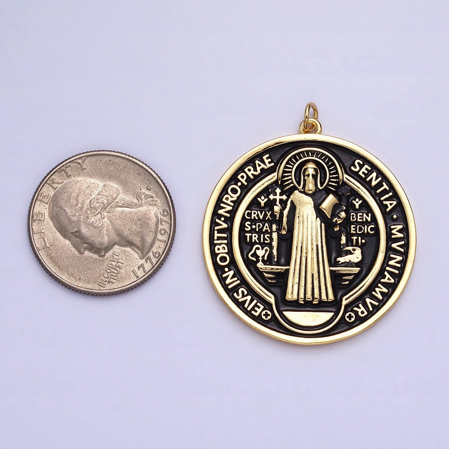 Double Sided Black White Enamel 24k Gold Filled Saint Benedict Charm Medallion Saint Jewelry Religious Pendant | AC464