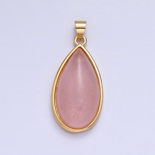 24K Gold Filled 33.3mm Rose Quartz Natural Gemstone Teardrop Bezel Pendant | AA342