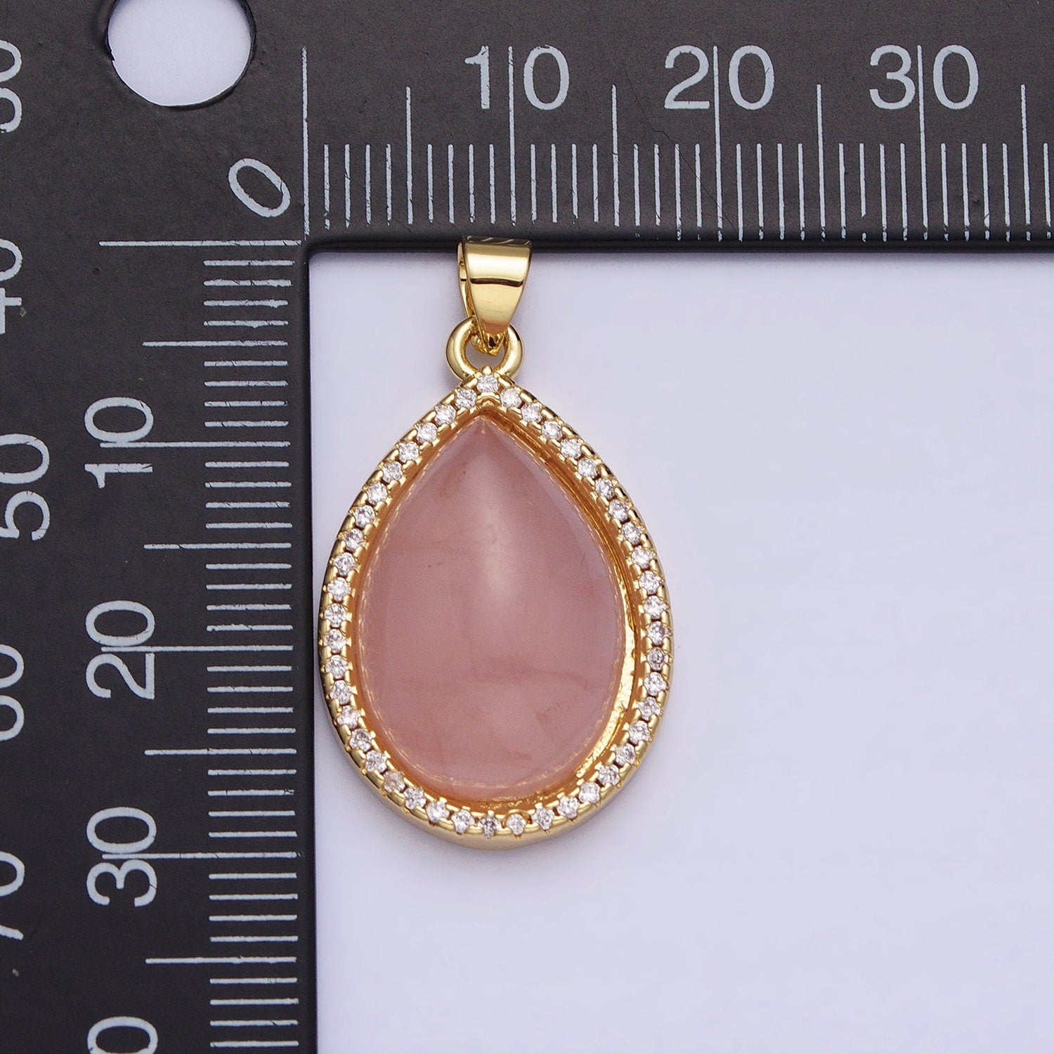24K Gold Filled 30mm Rose Quartz Natural Gemstone Teardrop Micro Paved CZ Pendant | AA340