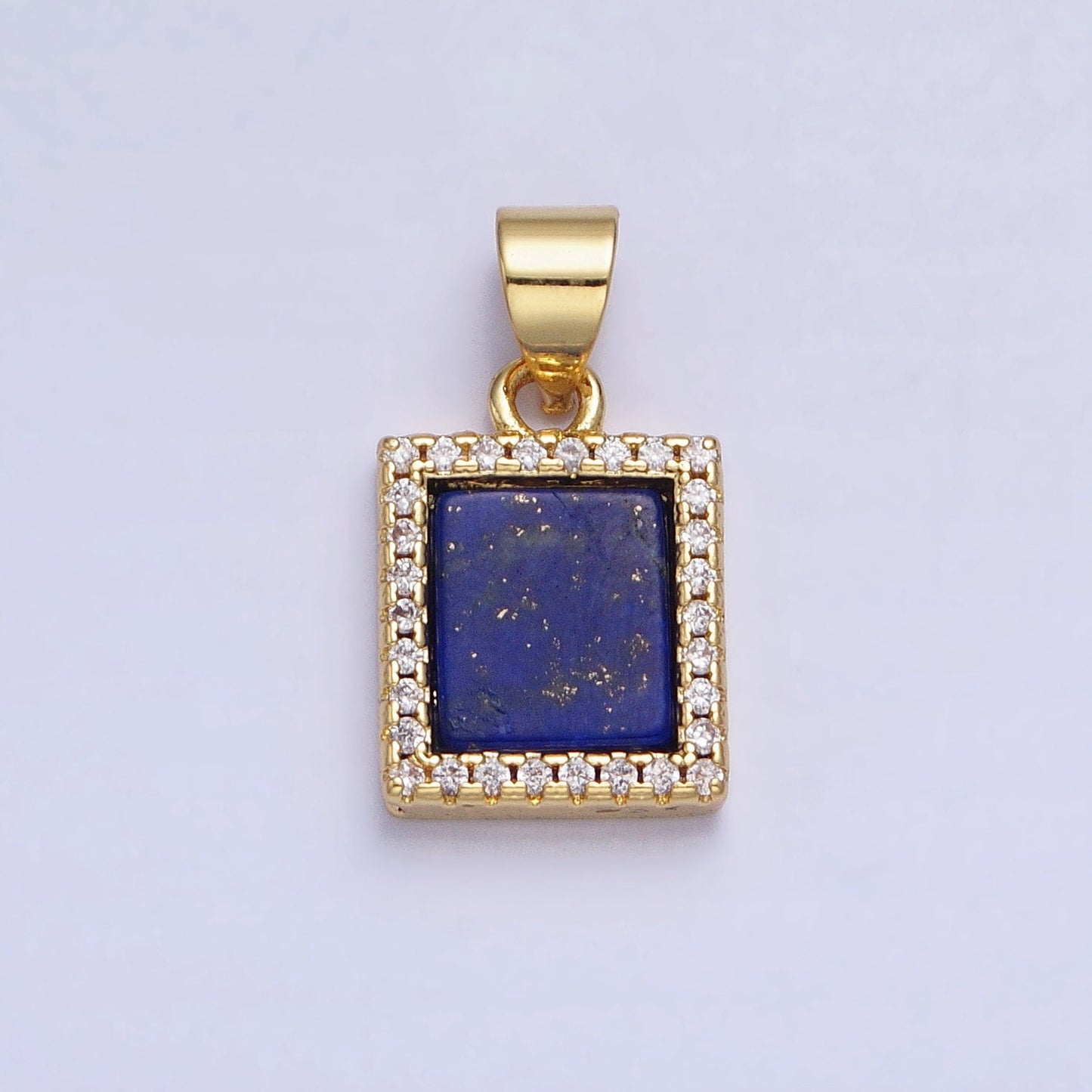 Blue Lapis Azuli Square Charm 17.7x9.7mm Gemstone Pendant in 24k Gold Filled Bezel with Micro Pave CZ Stone AA181
