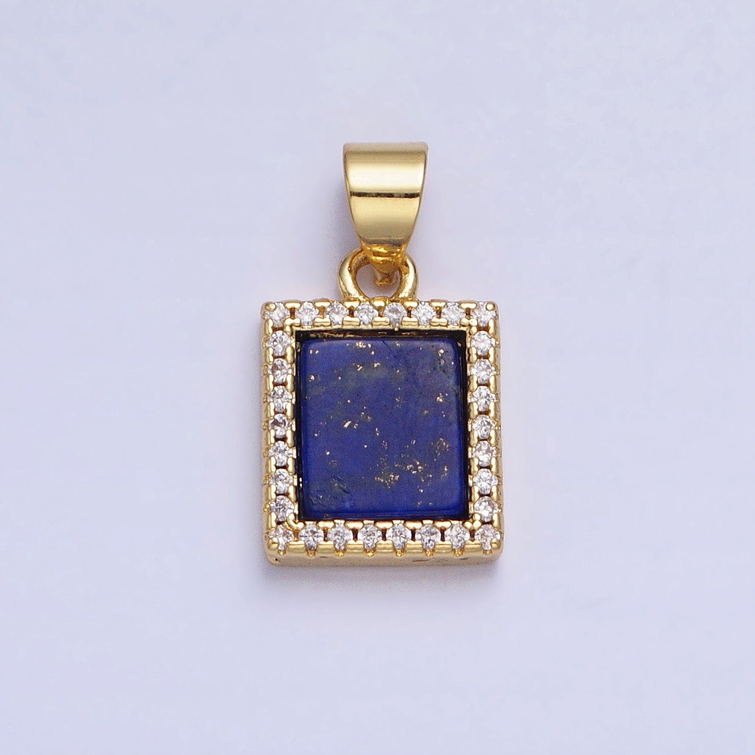 Blue Lapis Azuli Square Charm 17.7x9.7mm Gemstone Pendant in 24k Gold Filled Bezel with Micro Pave CZ Stone AA181