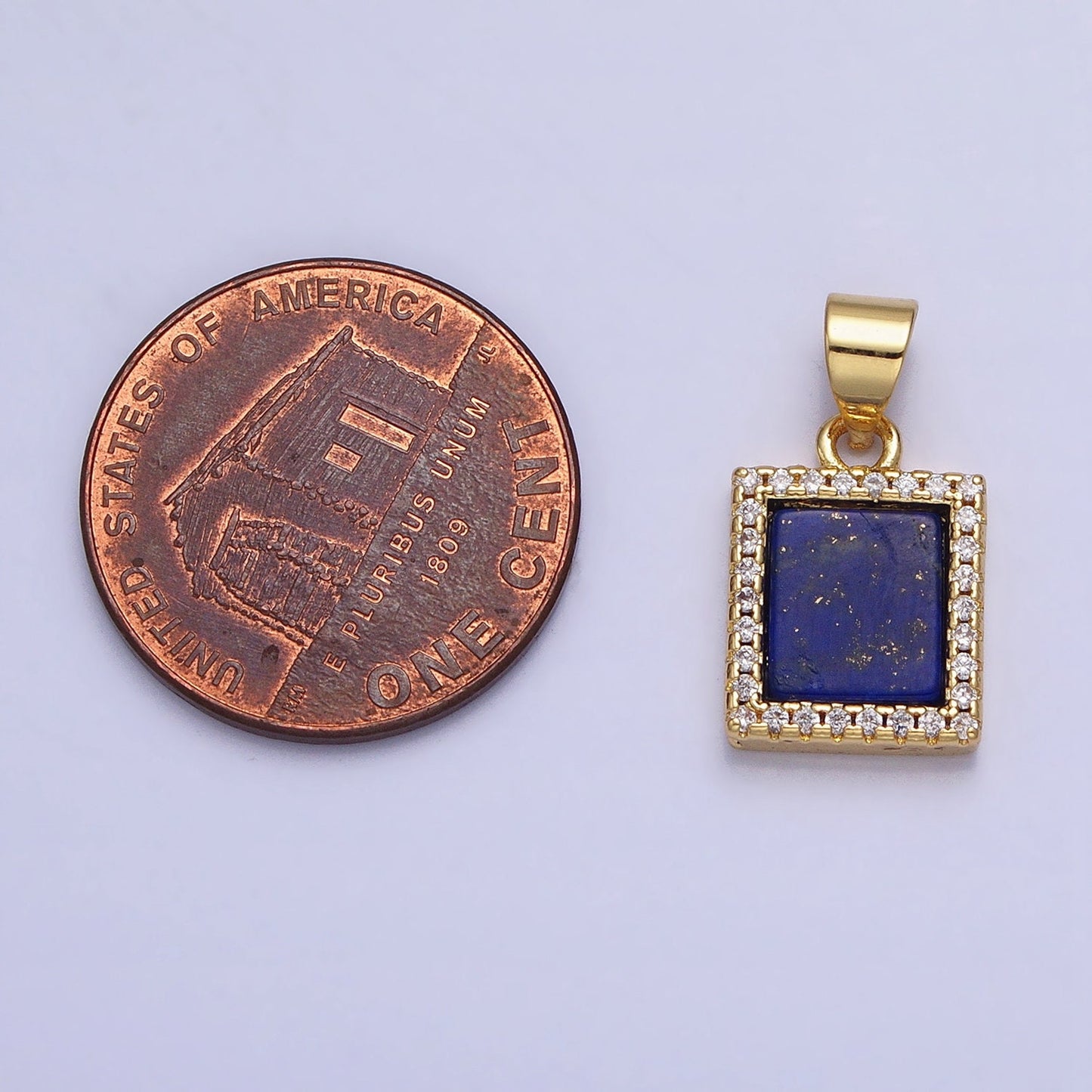 Blue Lapis Azuli Square Charm 17.7x9.7mm Gemstone Pendant in 24k Gold Filled Bezel with Micro Pave CZ Stone AA181
