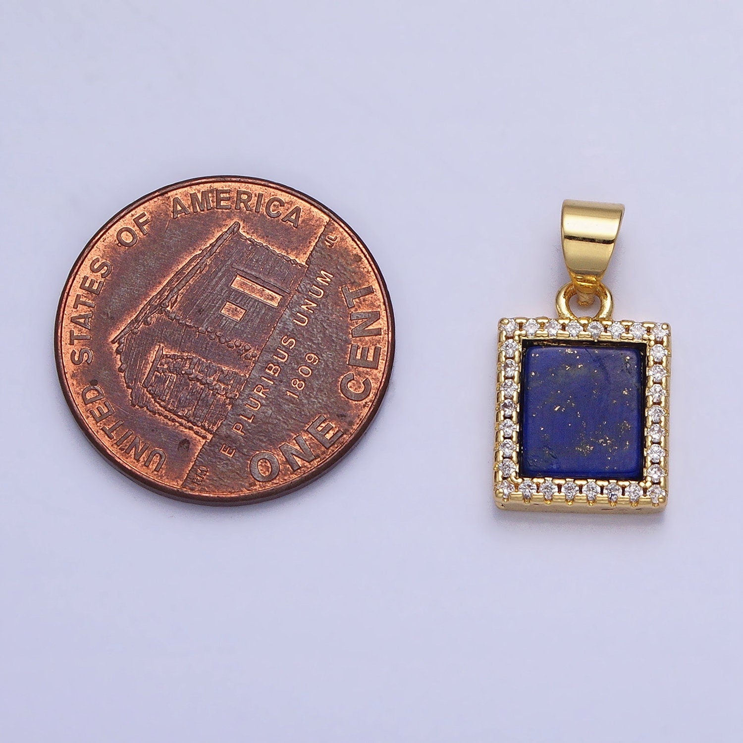 Blue Lapis Azuli Square Charm 17.7x9.7mm Gemstone Pendant in 24k Gold Filled Bezel with Micro Pave CZ Stone AA181