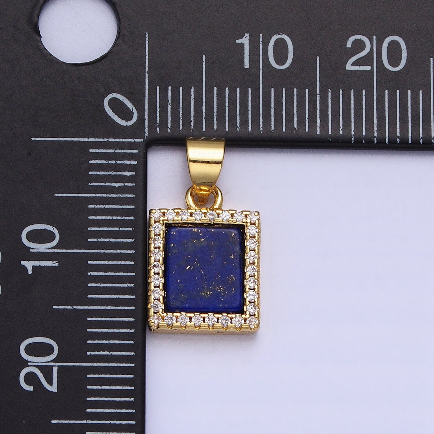 Blue Lapis Azuli Square Charm 17.7x9.7mm Gemstone Pendant in 24k Gold Filled Bezel with Micro Pave CZ Stone AA181