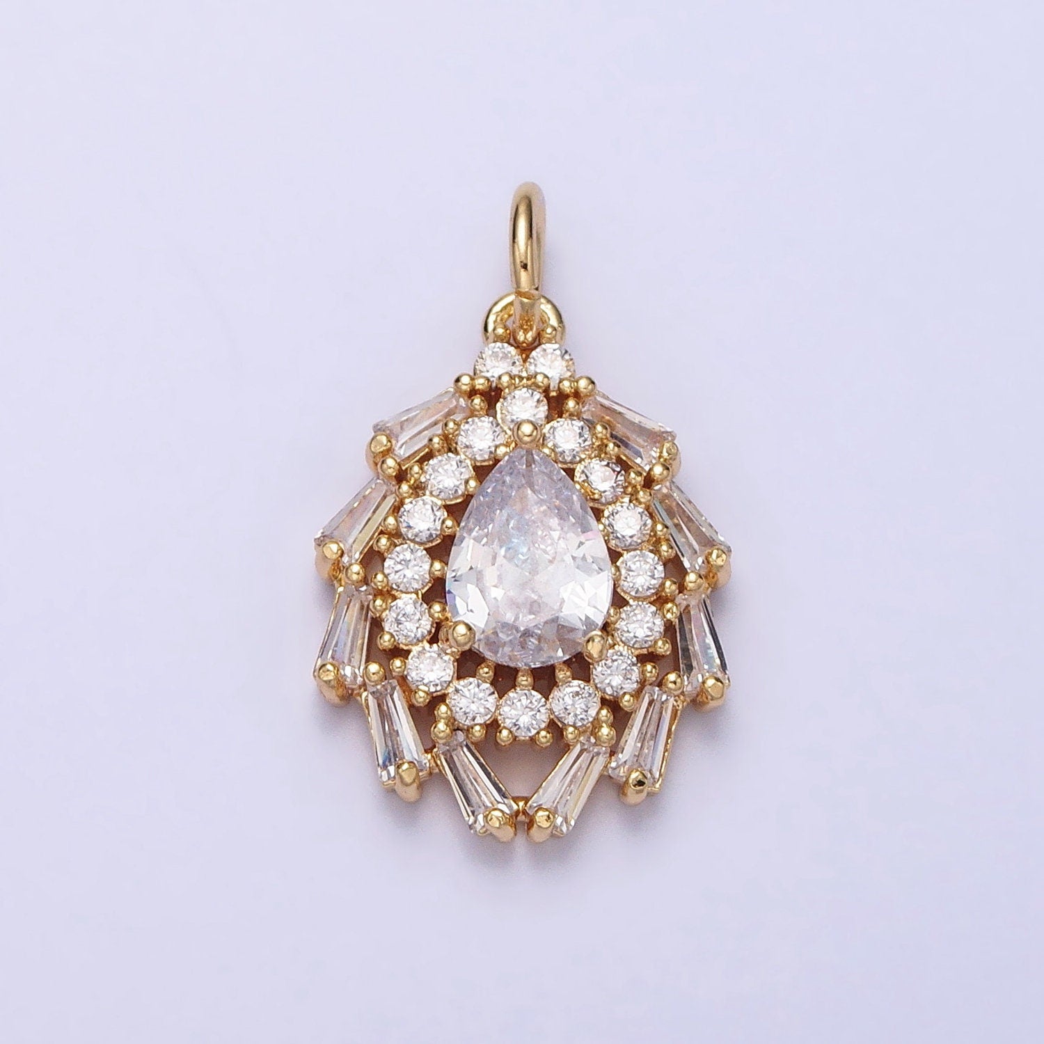 Luxury Gold Tear Drop Charm with CZ Baguette Stone Teardrop Pear Geometric Pendant AC496 AC497