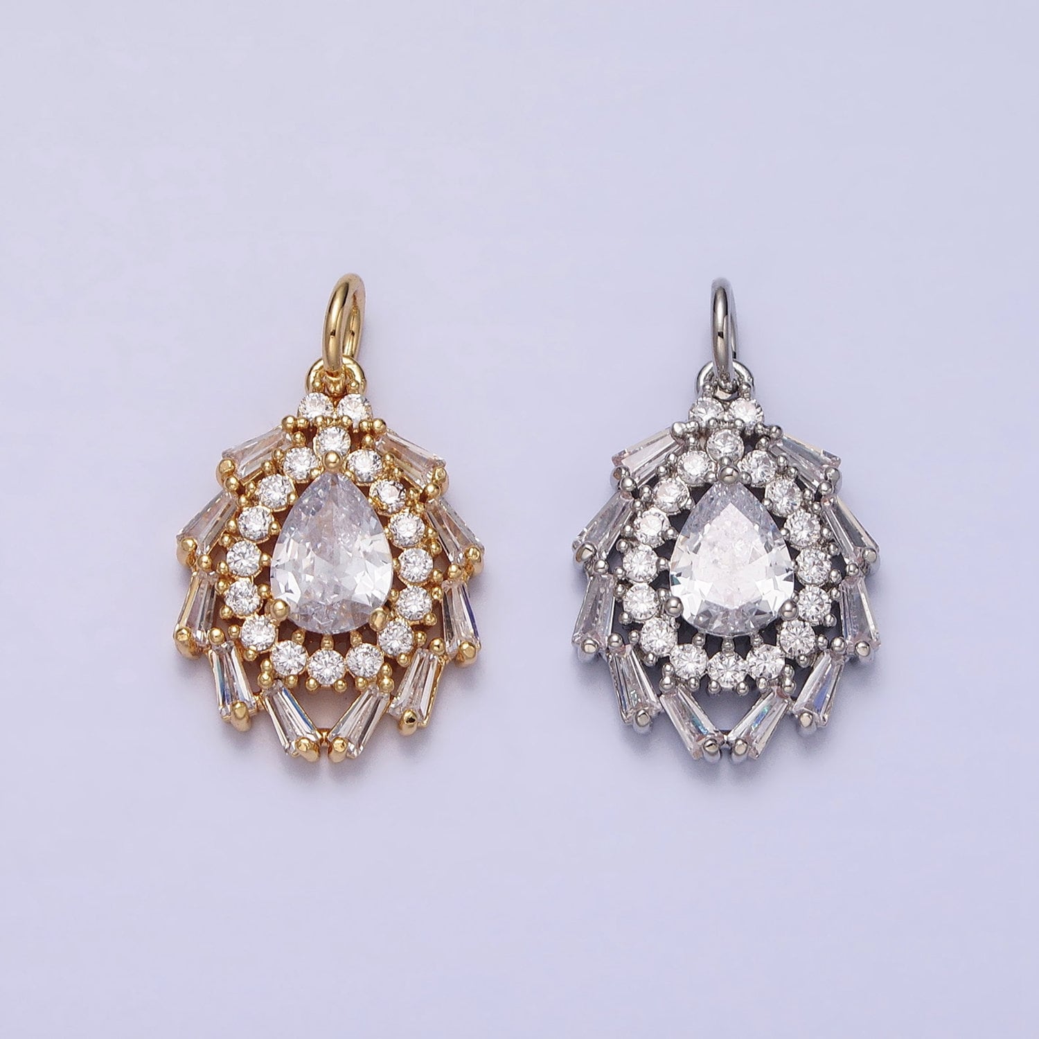 Luxury Gold Tear Drop Charm with CZ Baguette Stone Teardrop Pear Geometric Pendant AC496 AC497