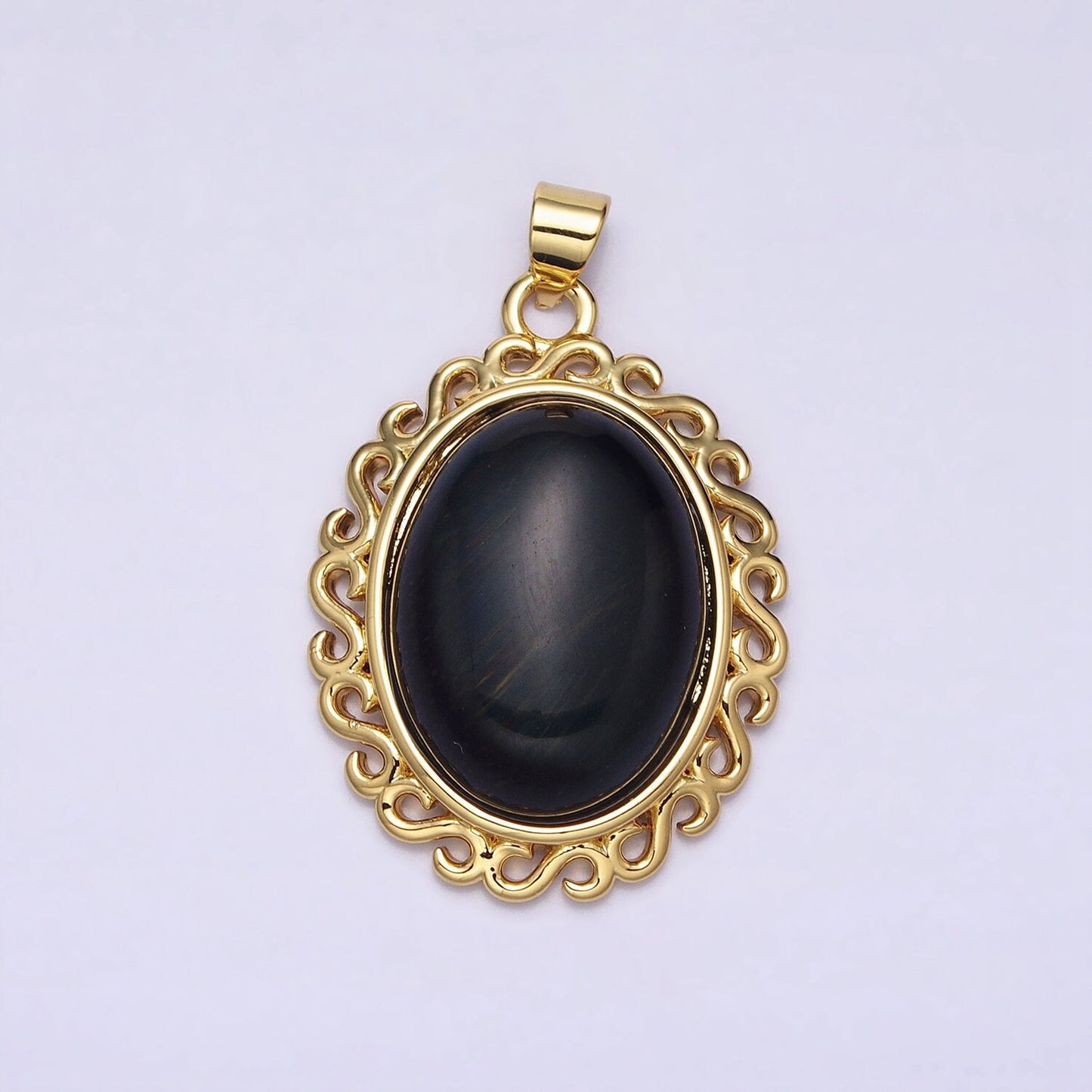 24K Gold Filled Blue Tiger's Eye Dark Oval stone Pendant Statement Tiger eye Charm necklace AA289