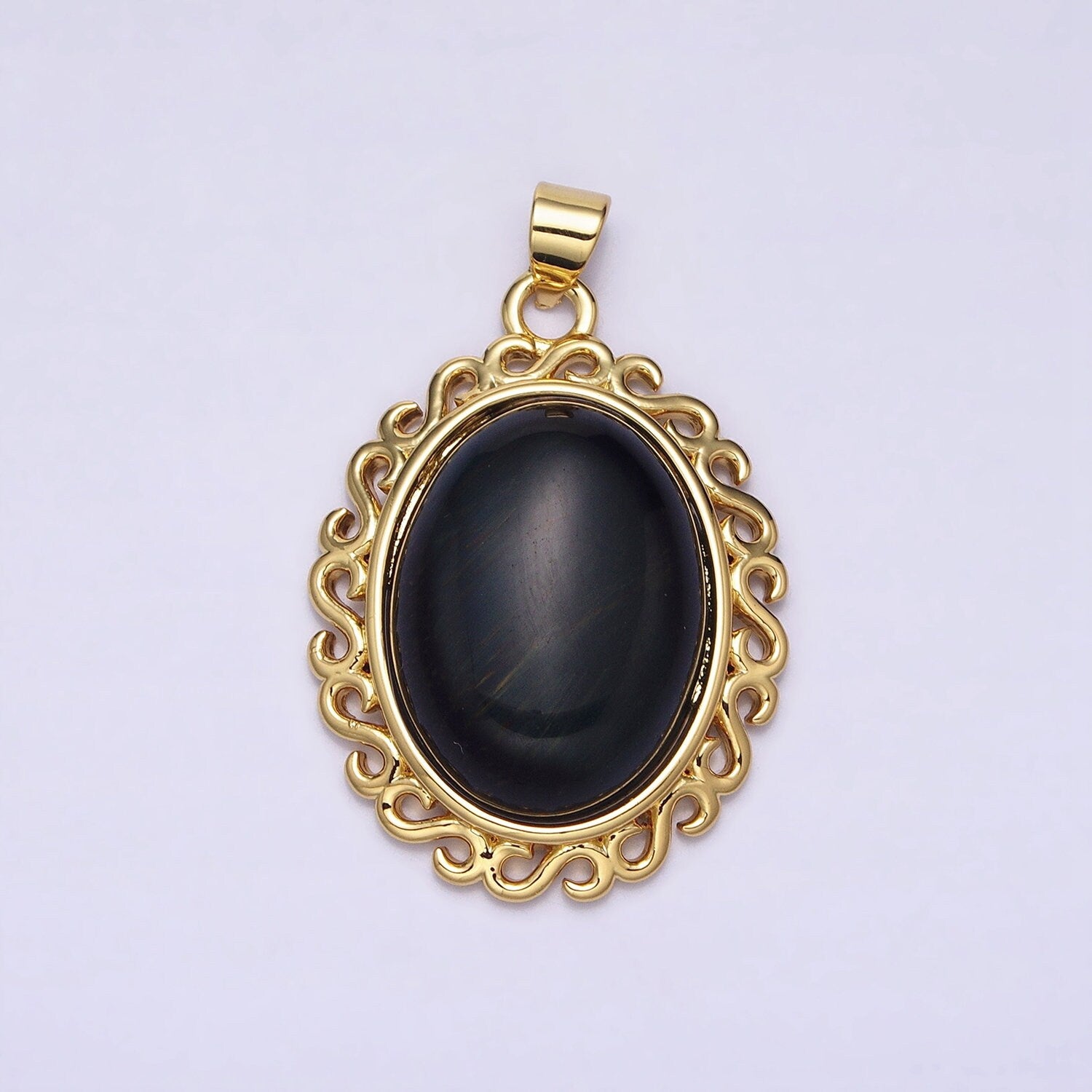 24K Gold Filled Blue Tiger's Eye Dark Oval stone Pendant Statement Tiger eye Charm necklace AA289