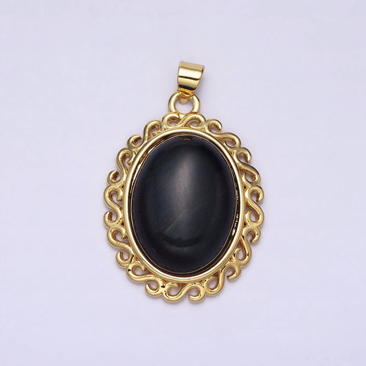24K Gold Filled Blue Tiger's Eye Dark Oval stone Pendant Statement Tiger eye Charm necklace AA289
