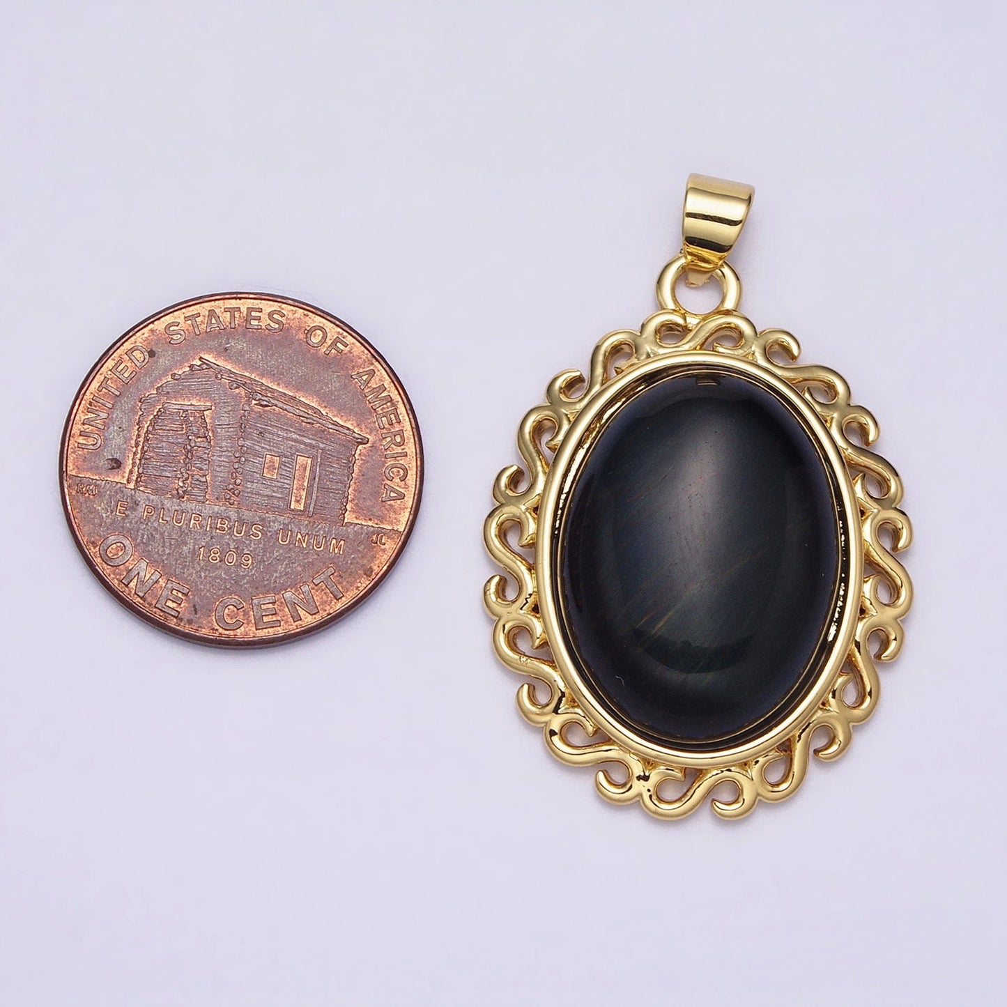 24K Gold Filled Blue Tiger's Eye Dark Oval stone Pendant Statement Tiger eye Charm necklace AA289