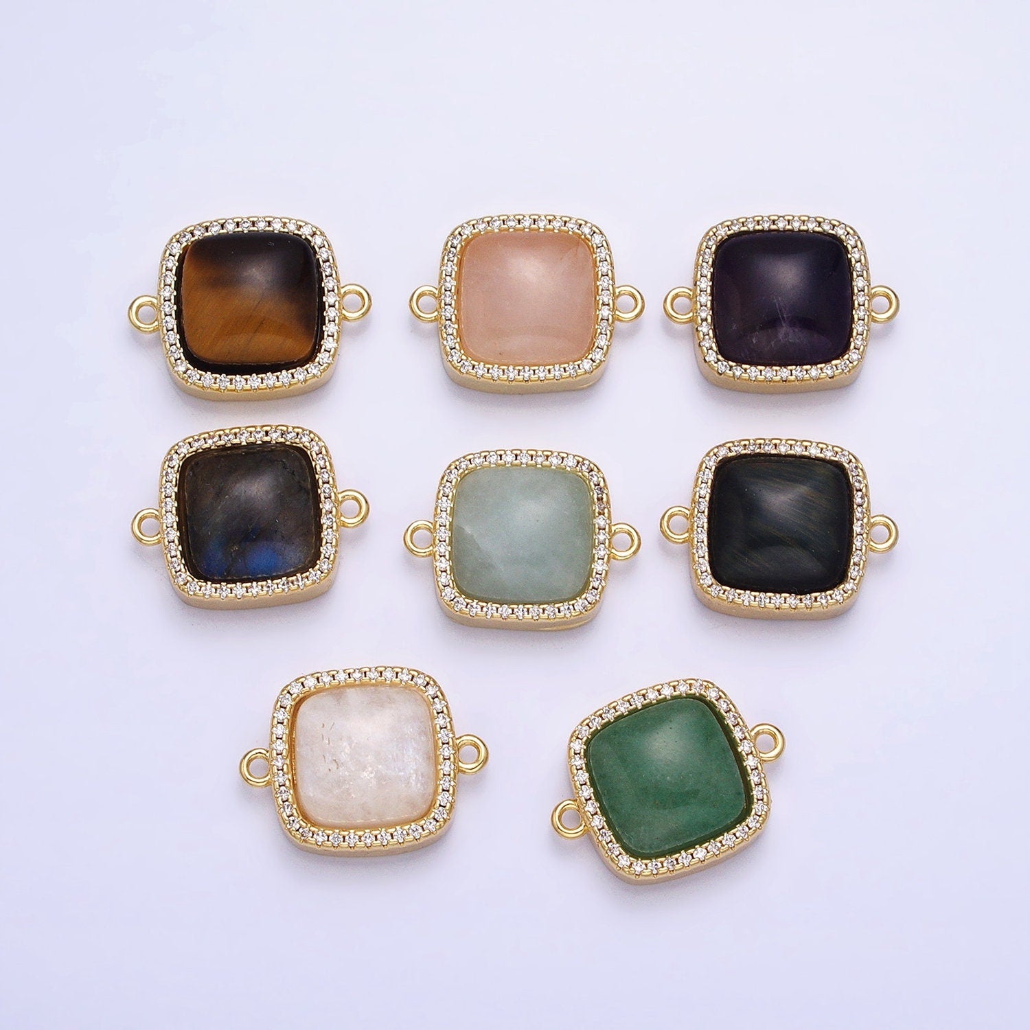 24K Gold Filled White Moonstone, Rose Quartz, Blue Agate, Tiger Eye, Amethyst, Onyx Micro Paved CZ Square Connector | Y-803~Y806