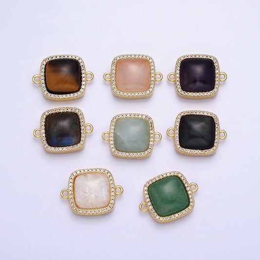 24K Gold Filled White Moonstone, Rose Quartz, Blue Agate, Tiger Eye, Amethyst, Onyx Micro Paved CZ Square Connector | Y-803~Y806