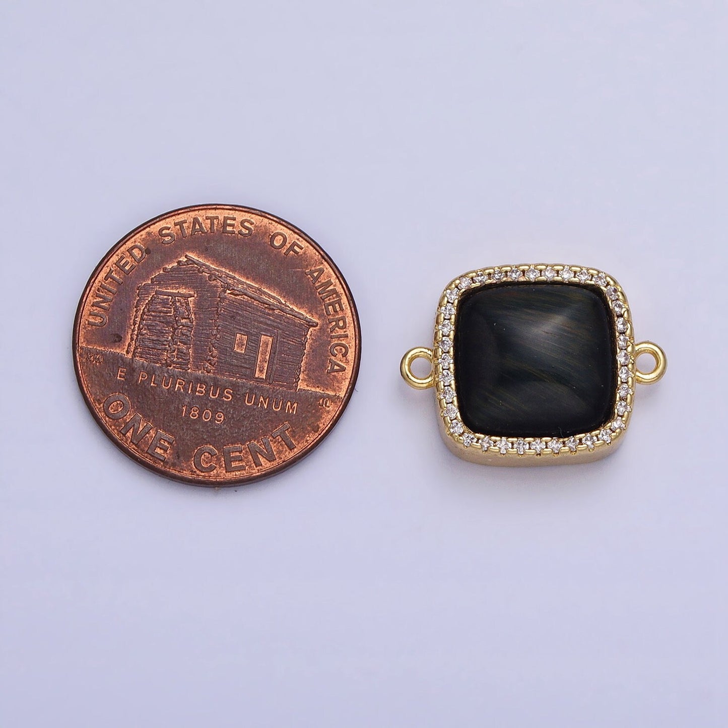 24K Gold Filled White Moonstone, Rose Quartz, Blue Agate, Tiger Eye, Amethyst, Onyx Micro Paved CZ Square Connector | Y-803~Y806