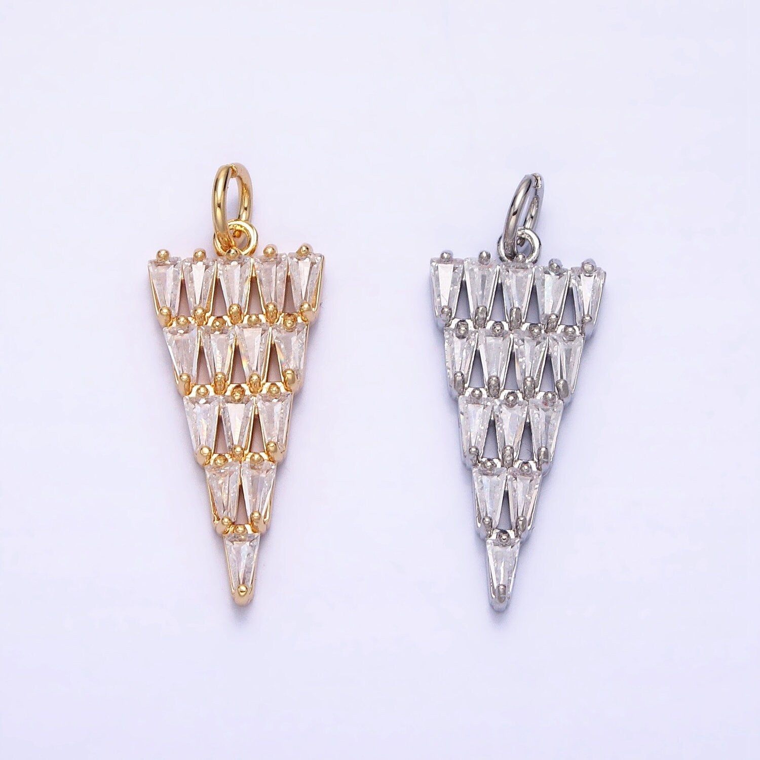 Dainty 16K Gold Filled Cone 21.5mm, 26mm Triangle Baguette Clear CZ Charm in Gold & Silver | AC1189 AC1190
