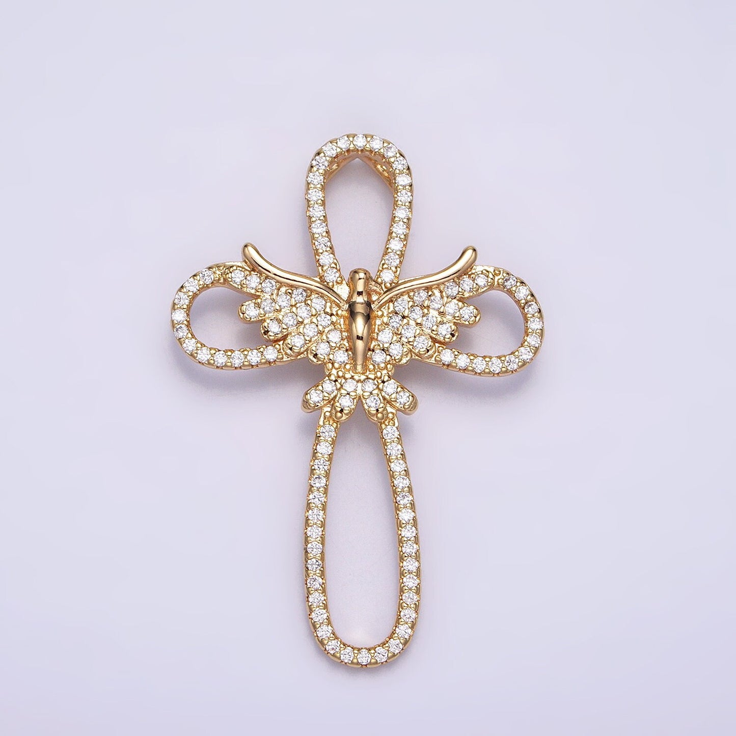 16K Gold Filled Micro Paved CZ Flying Dove Open Cross Back Loop Pendant in Gold & Silver | AA379 AA380