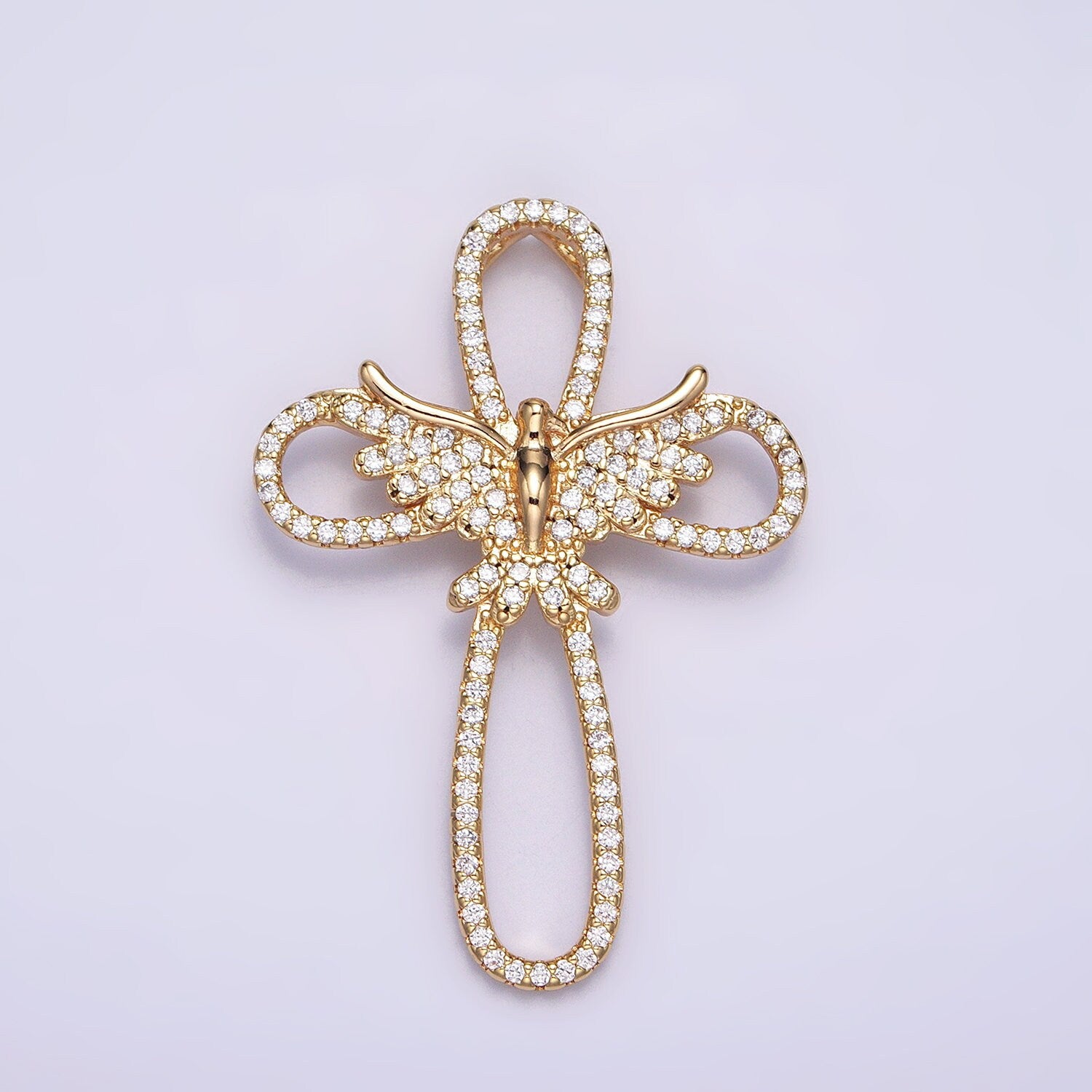 16K Gold Filled Micro Paved CZ Flying Dove Open Cross Back Loop Pendant in Gold & Silver | AA379 AA380