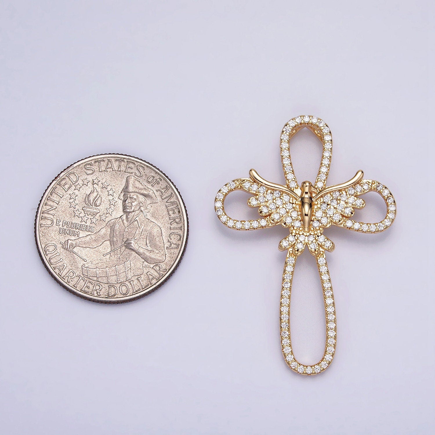 16K Gold Filled Micro Paved CZ Flying Dove Open Cross Back Loop Pendant in Gold & Silver | AA379 AA380