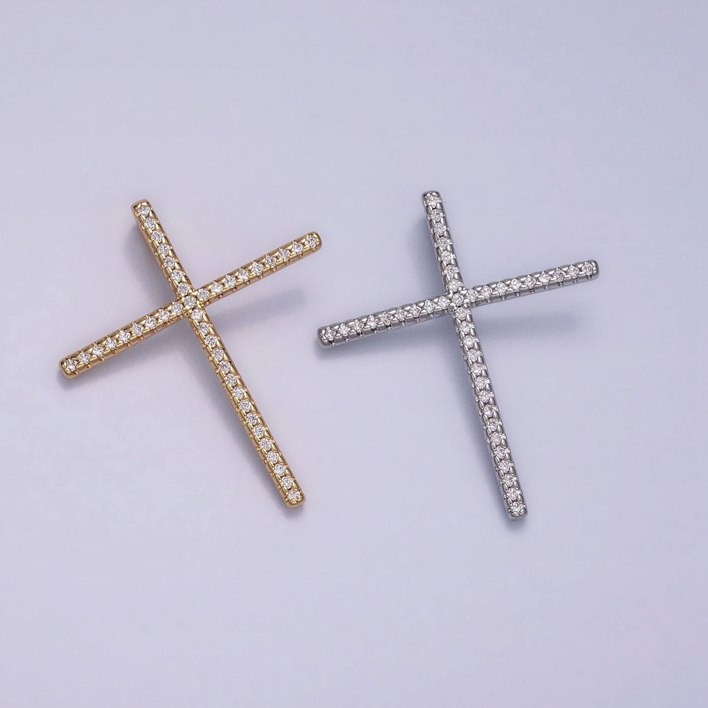 16K Gold Filled 30mm Slim Cross Religious Micro Paved CZ Back Loop Pendant in Gold & Silver | AA373 AA374