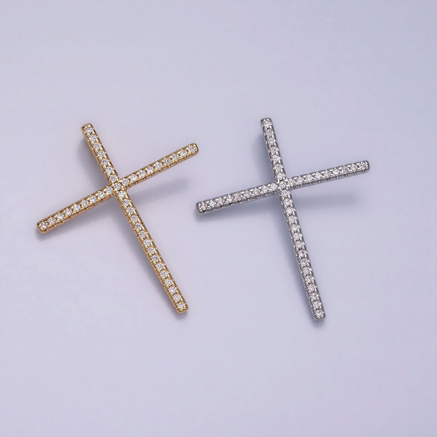 16K Gold Filled 30mm Slim Cross Religious Micro Paved CZ Back Loop Pendant in Gold & Silver | AA373 AA374