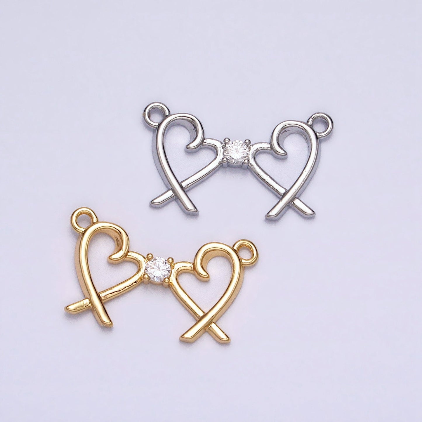16K Gold Filled Clear CZ Double Heart Connector in Gold & Silver For Mommy and Me Jewelry Inspired Necklace Bracelet | Y-870