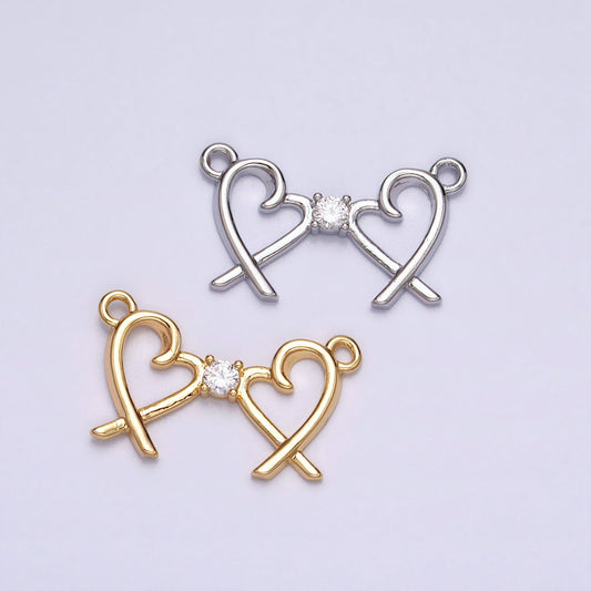16K Gold Filled Clear CZ Double Heart Connector in Gold & Silver For Mommy and Me Jewelry Inspired Necklace Bracelet | Y-870