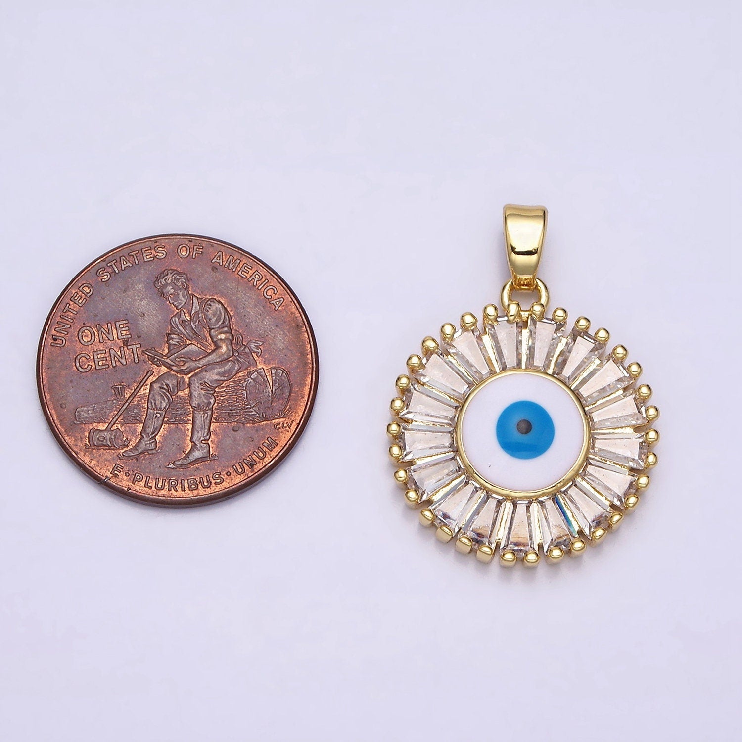 16K Gold Filled Evil Eye Enamel Clear Baguette CZ Round Pendant in Gold & Silver | AA480 AA481