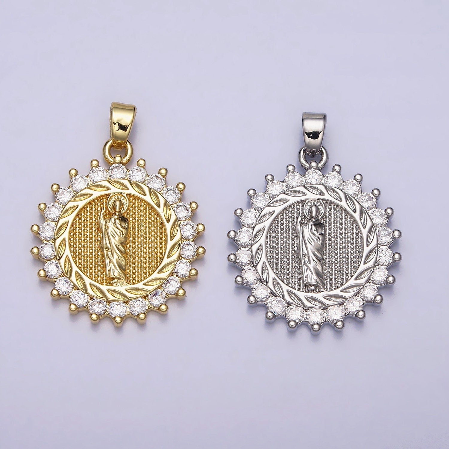 16K Gold Filled CZ Saint Jude Cubic Charm Saint of Hope Medallion Rosary Charm Religious Jewelry AA477