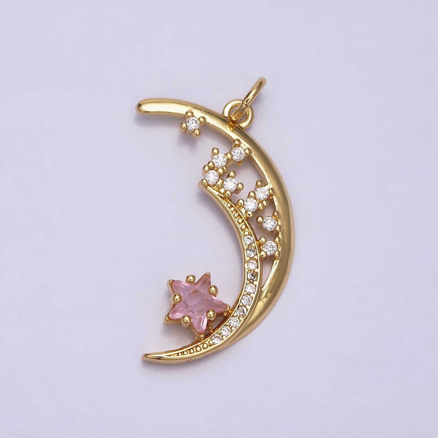 16K Gold Filled Celestial Pendant Crescent Moon Pink Star Micro Paved CZ Charm | AA483