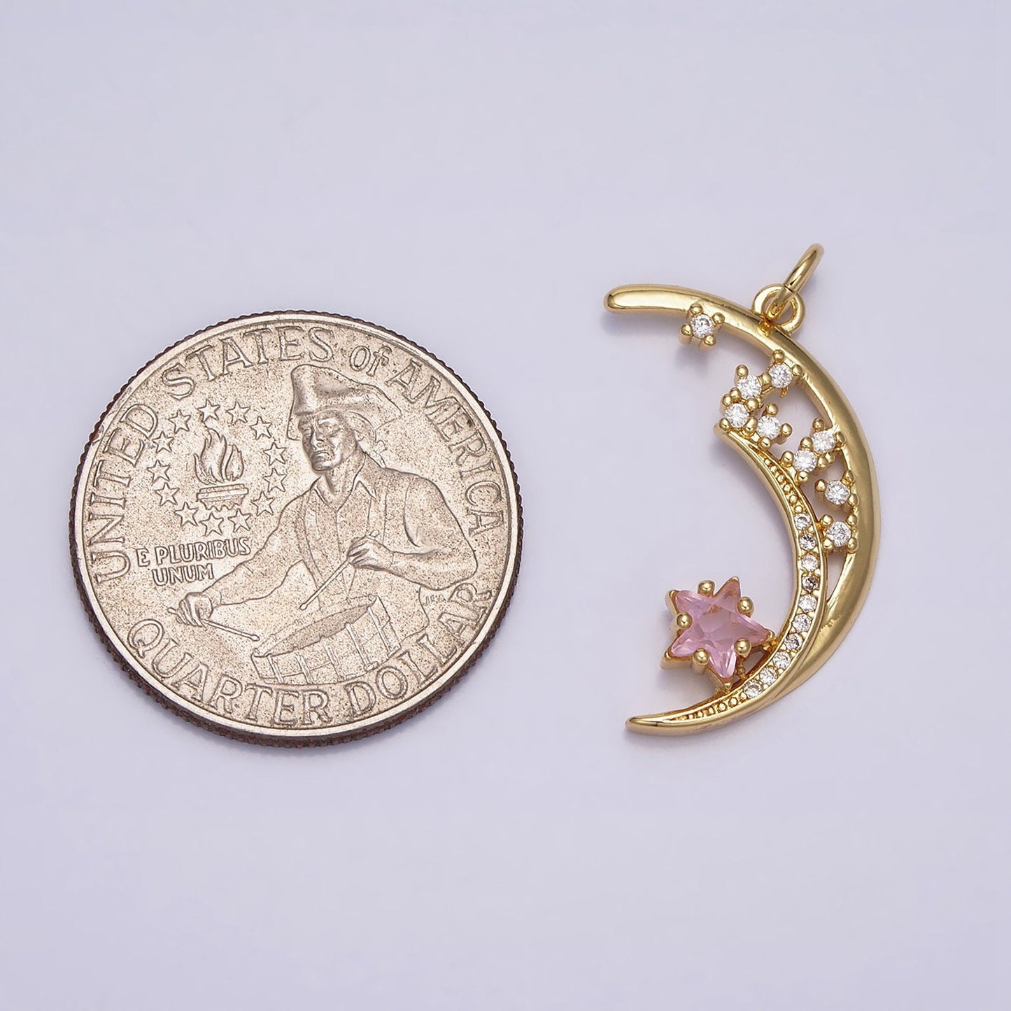 16K Gold Filled Celestial Pendant Crescent Moon Pink Star Micro Paved CZ Charm | AA483