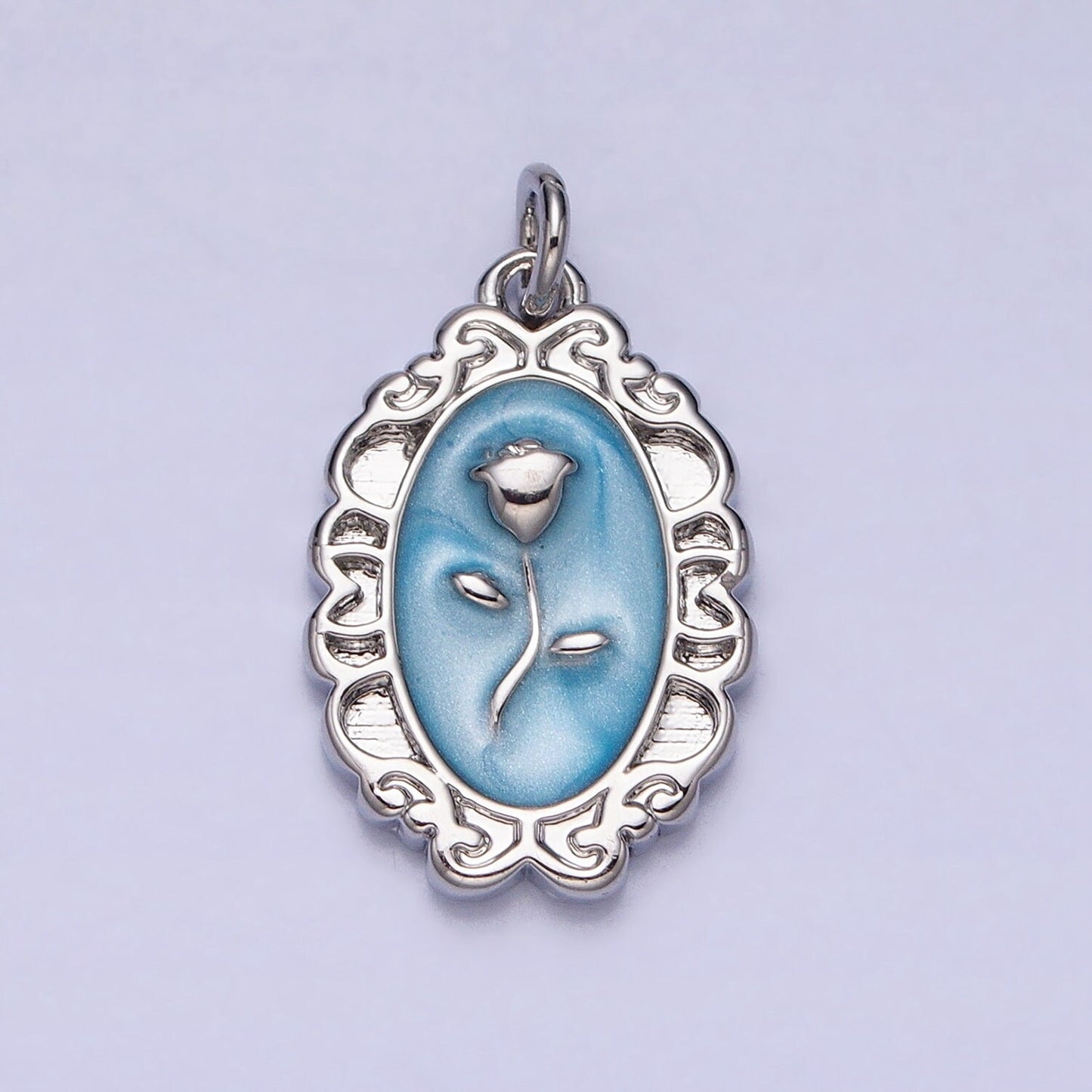 1Pc Gold Flower Rose Charms Blue, White, Pink Enamel Floral charm Decorative Oval Mirror Charm Medallion for Necklace Bracelet AC649
