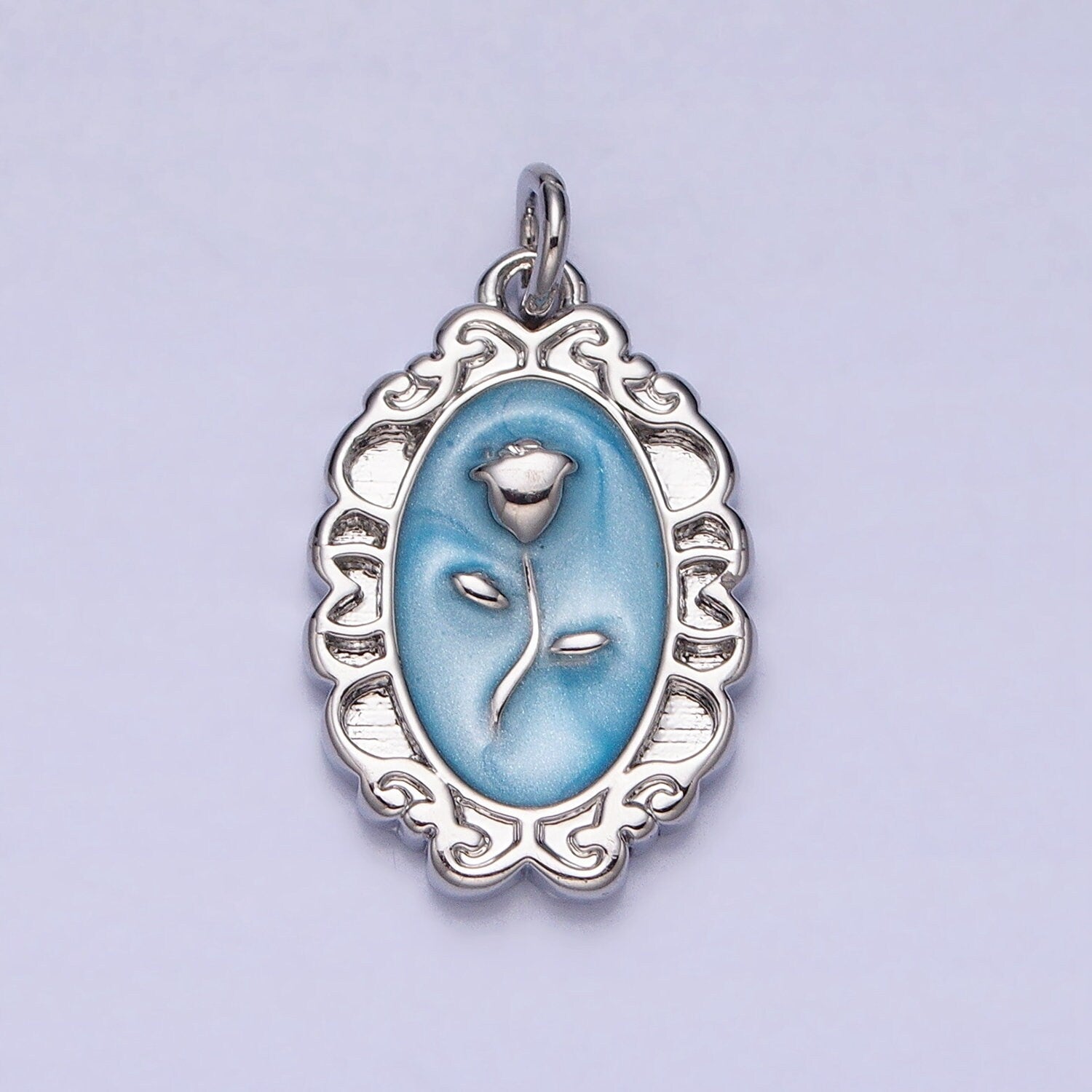1Pc Gold Flower Rose Charms Blue, White, Pink Enamel Floral charm Decorative Oval Mirror Charm Medallion for Necklace Bracelet AC649