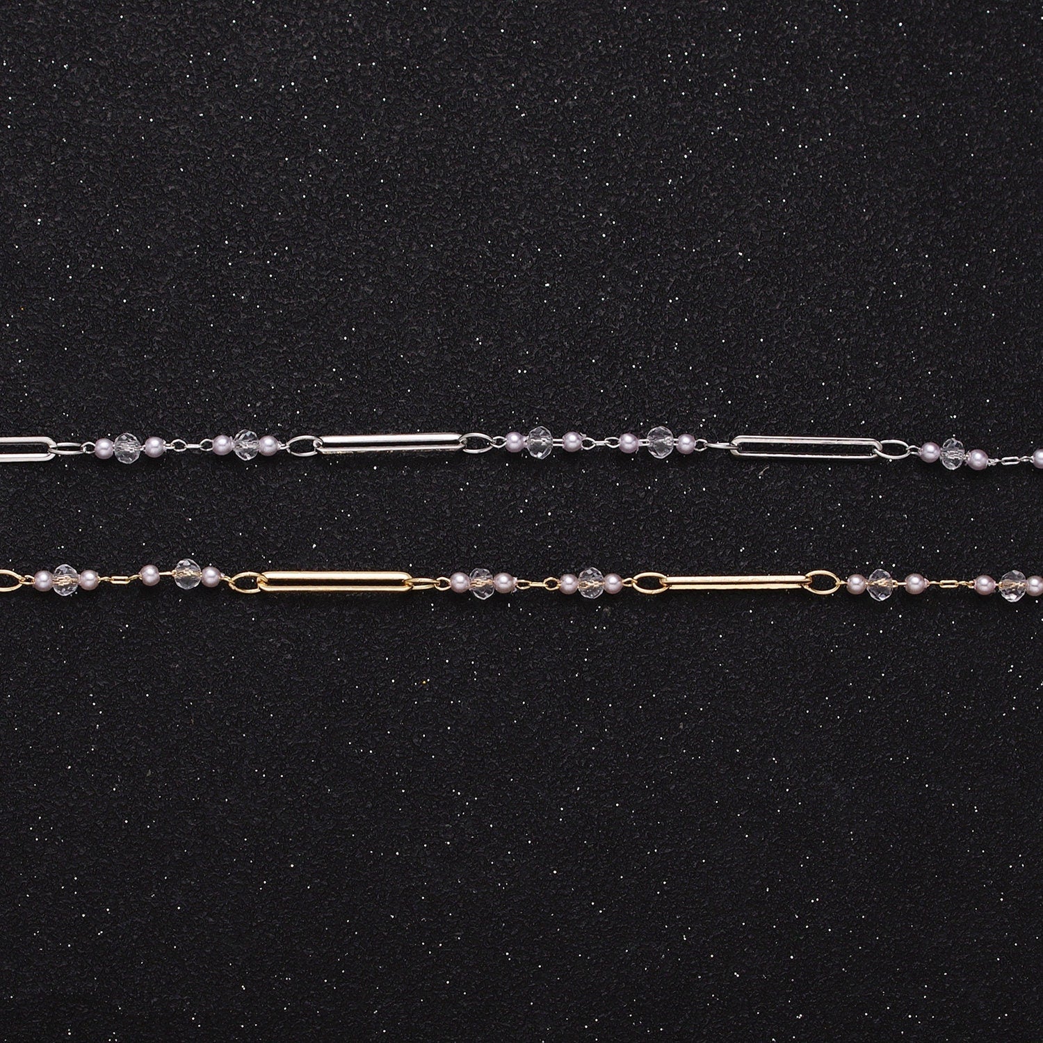 Fine Chain 16K Gold Filled 3mm White Shell Pearl Clear Rondell Paperclip Link Unfinished Chain in Gold & Silver | ROLL-1341 ROLL-1342