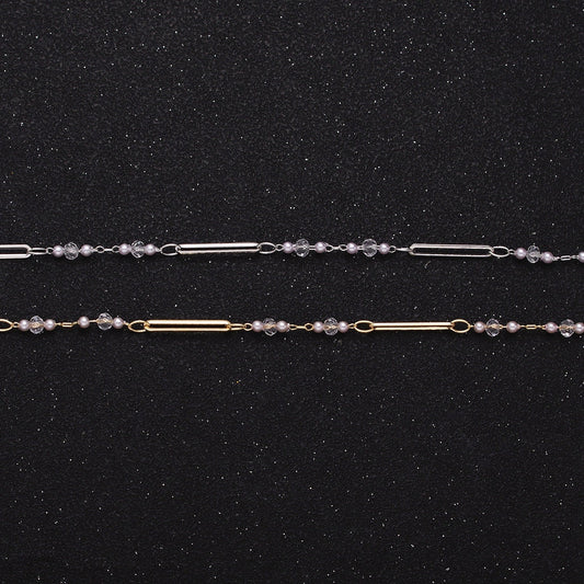 Fine Chain 16K Gold Filled 3mm White Shell Pearl Clear Rondell Paperclip Link Unfinished Chain in Gold & Silver | ROLL-1341 ROLL-1342