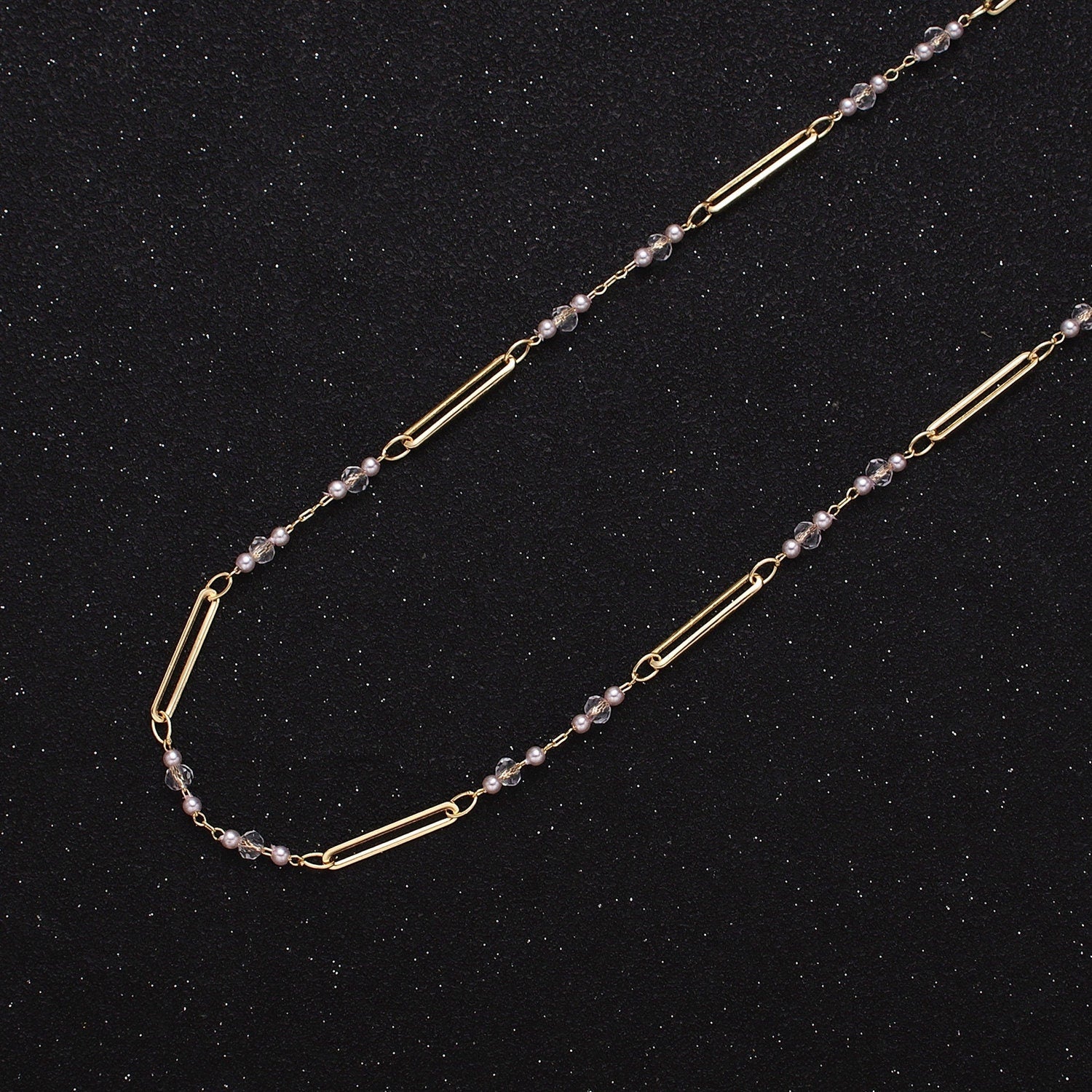 Fine Chain 16K Gold Filled 3mm White Shell Pearl Clear Rondell Paperclip Link Unfinished Chain in Gold & Silver | ROLL-1341 ROLL-1342