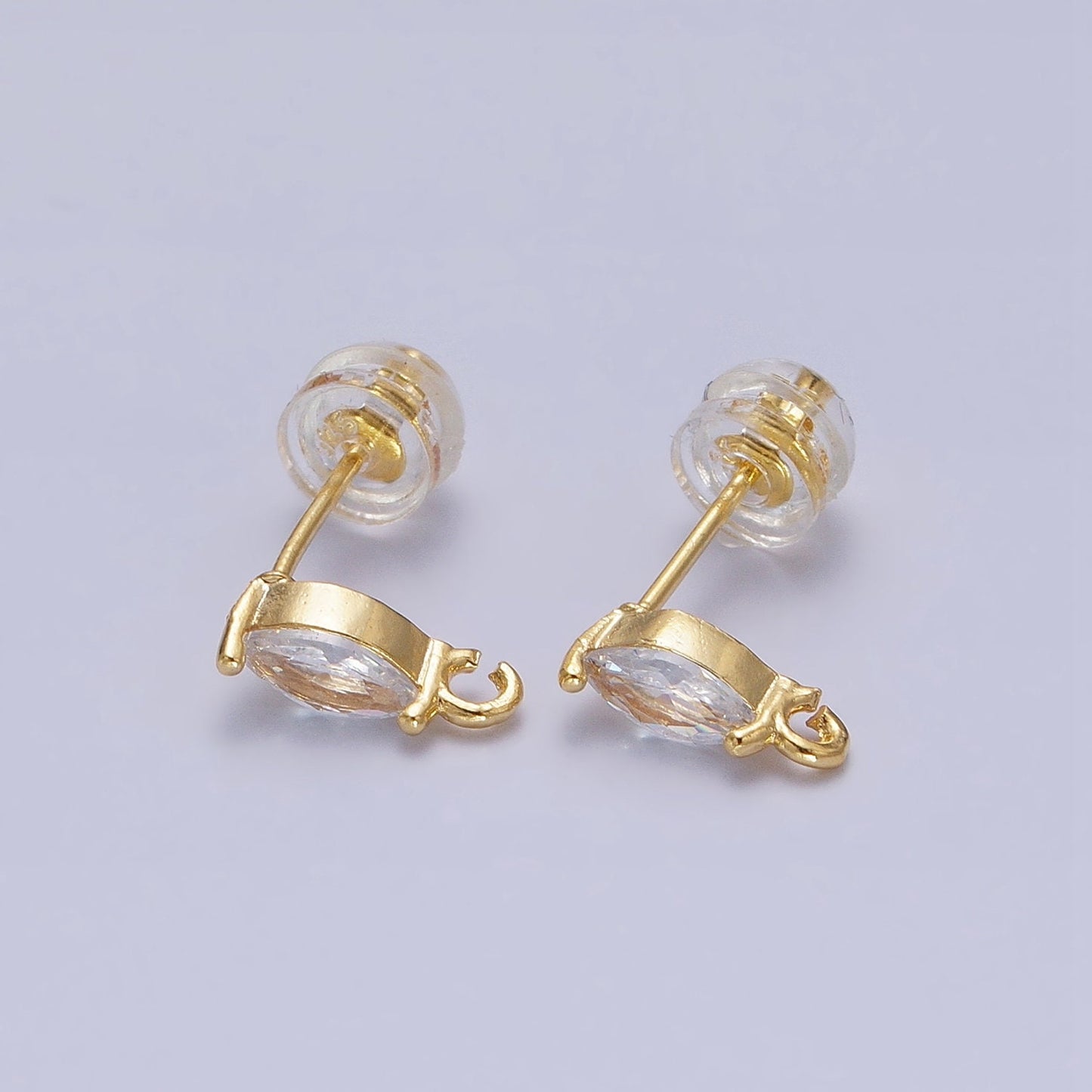Tiny Marquise Cz Cubic Earring Post w/ open link, Nickel free 9x3mm Design 16K gold plated brass, CZ, Earring making post 1 pair Z189