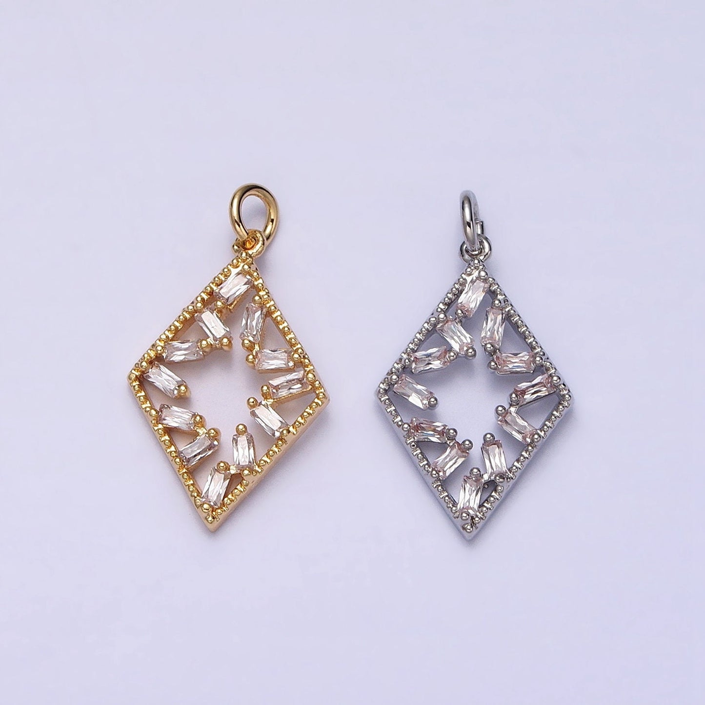 Dainty Rhombus Charm Geometric Dangle Charm Necklace Earring Bracelet Pendant Baguette CZ Diamond Lariat Gold Micro pave AC1211