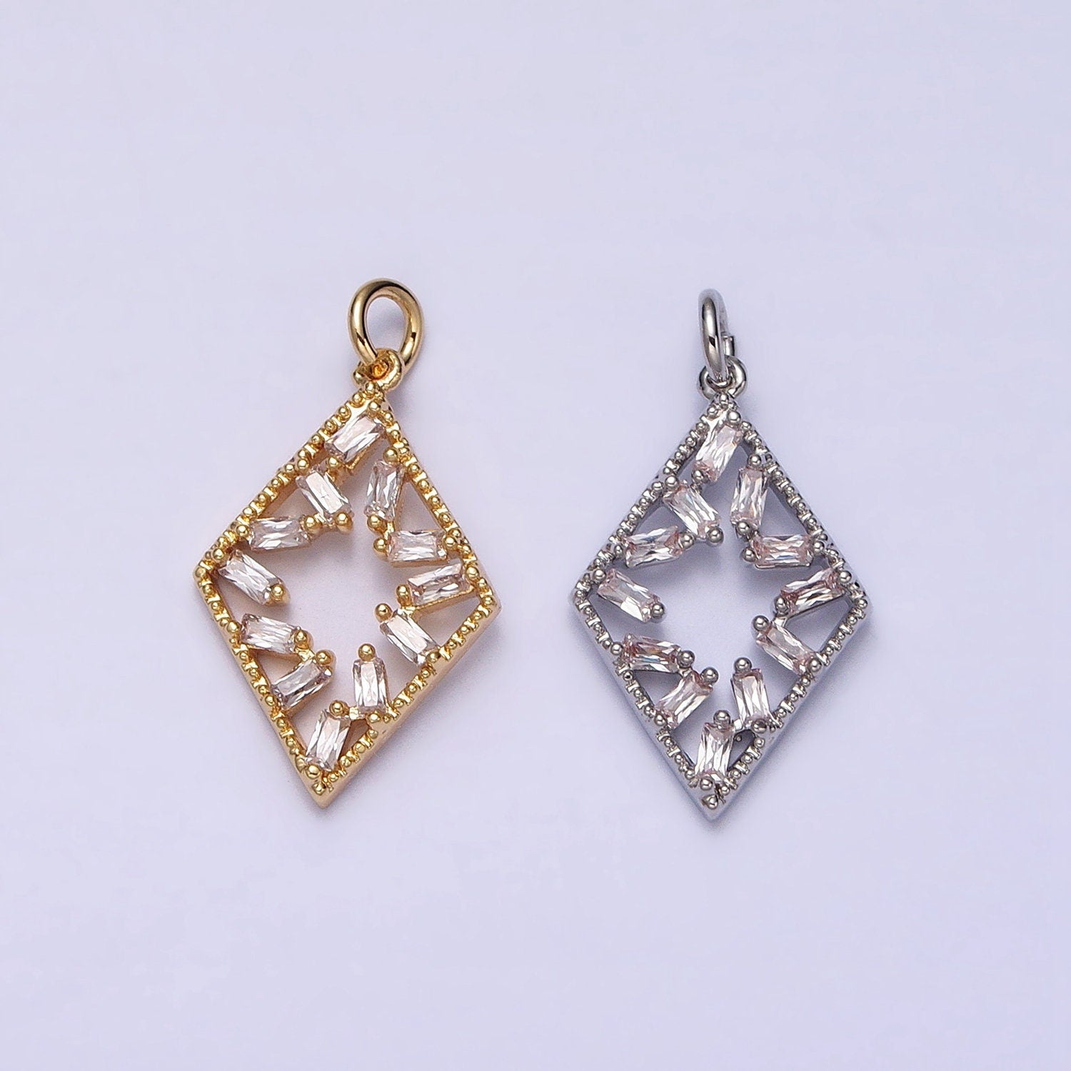 Dainty Rhombus Charm Geometric Dangle Charm Necklace Earring Bracelet Pendant Baguette CZ Diamond Lariat Gold Micro pave AC1211